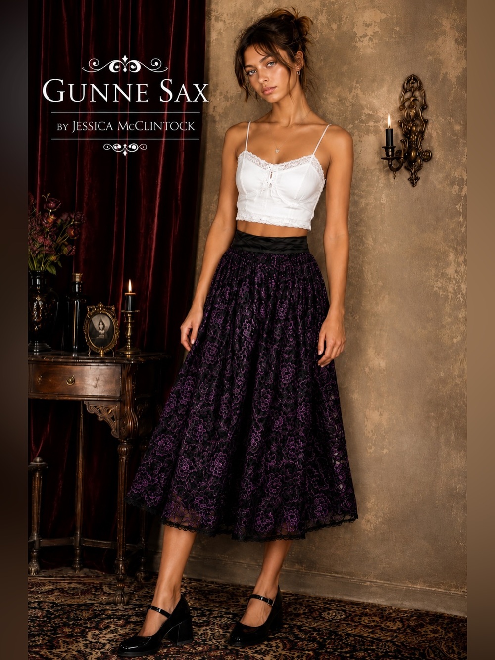Vintage Gunne Sax by Jessica McClintock Black Purple Lace Midi Skirt 5 XS/S B2
